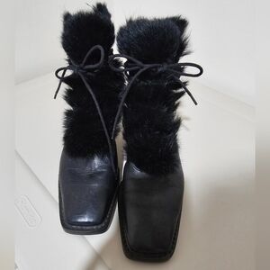 Stuart Weitzman Black Fur Trim Lace-Up Boots